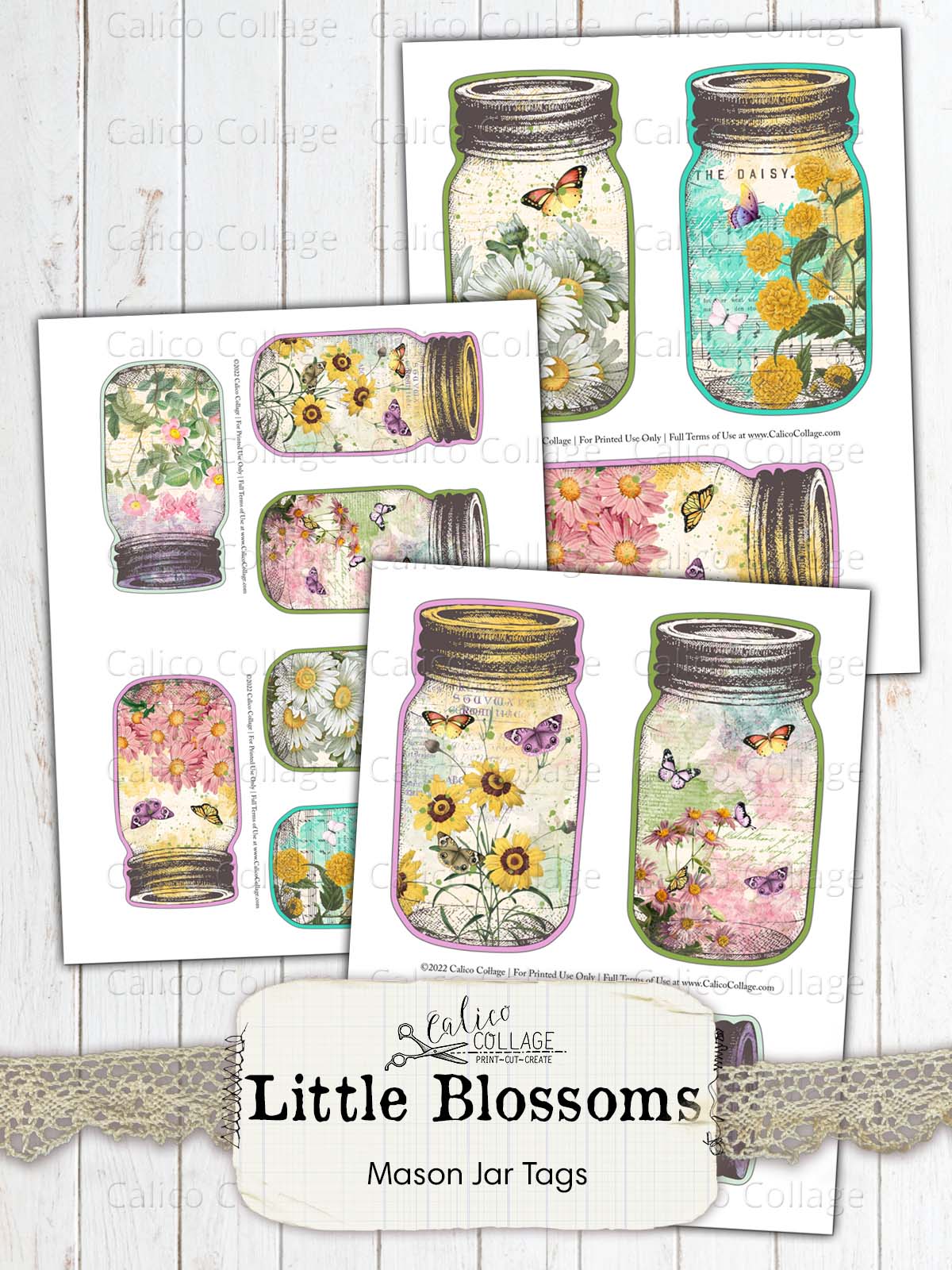 Daisy Mason Jar Tags Junk Journal Printables, Little Blossoms
