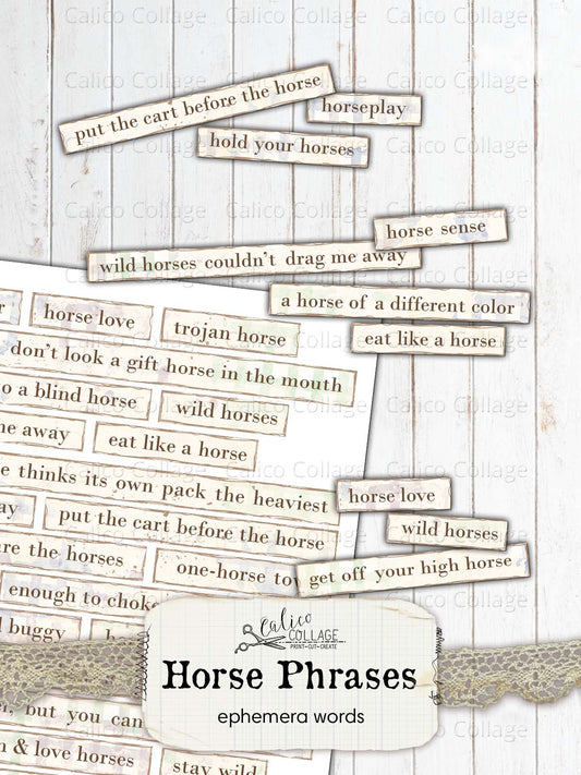 Horse Junk Journal Ephemera Words, Junk Journal Printable