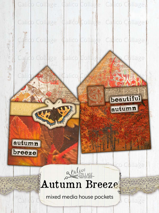 Autumn Junk Journal Pockets, Mixed Media House Collage Sheet