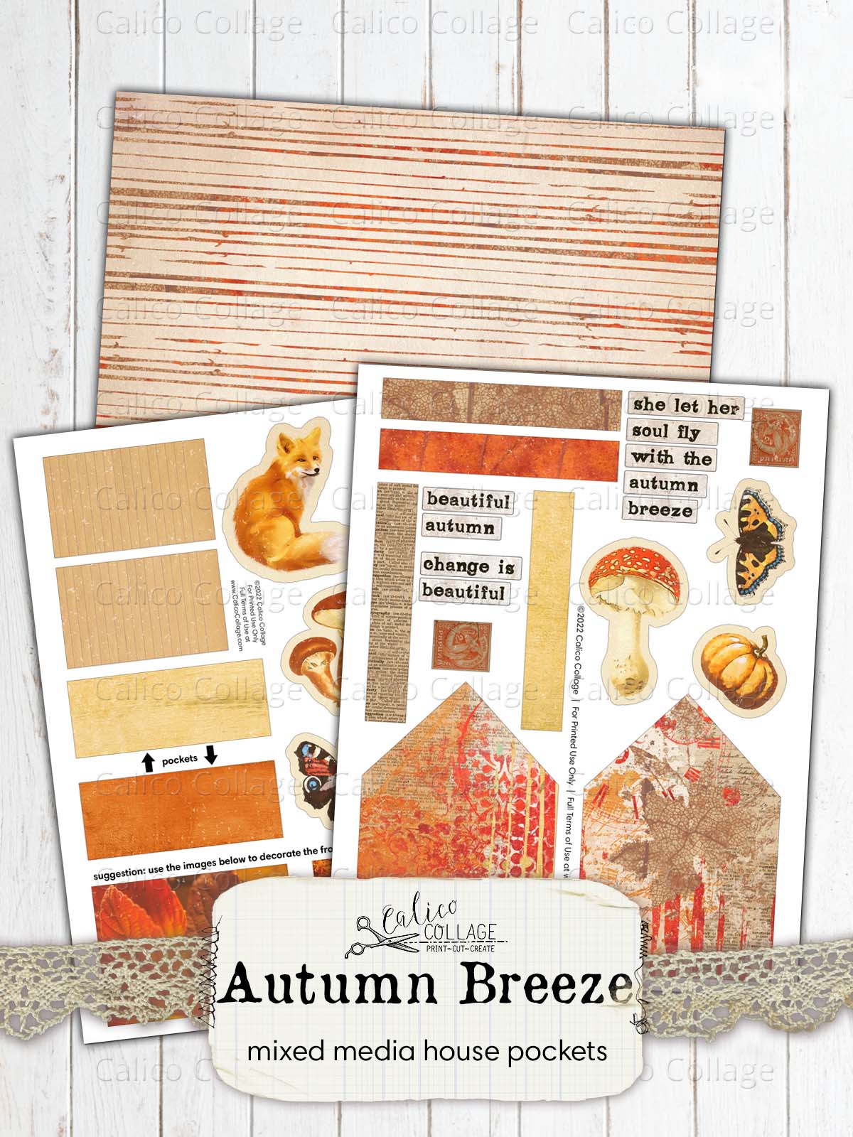 Autumn Junk Journal Pockets, Mixed Media House Collage Sheet