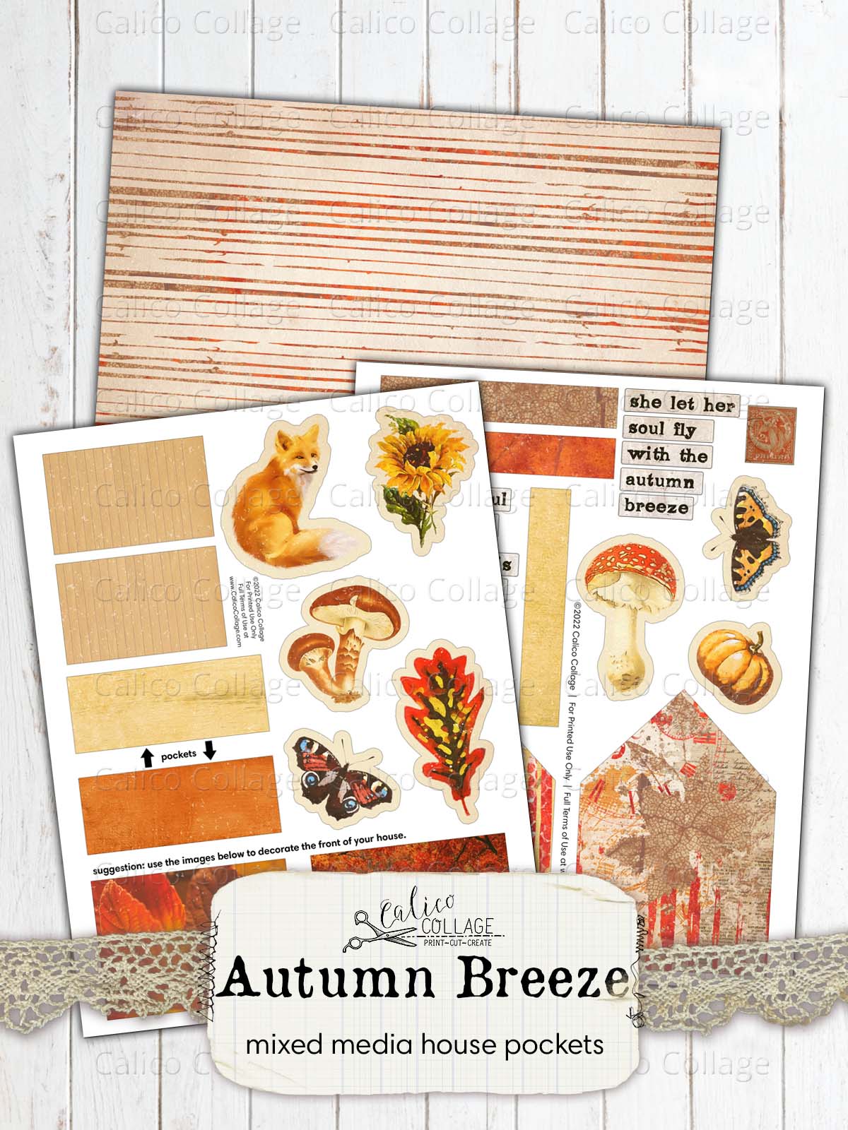 Autumn Junk Journal Pockets, Mixed Media House Collage Sheet