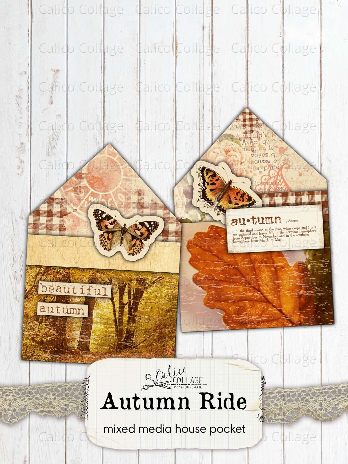 Autumn Junk Journal Pockets, Mixed Media House Collage Sheet