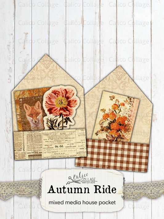 Autumn Junk Journal Pockets, Mixed Media House Collage Sheet