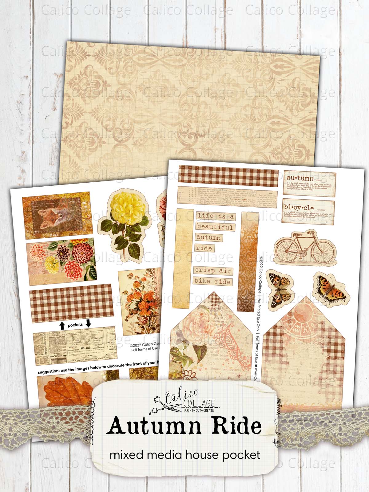 Autumn Junk Journal Pockets, Mixed Media House Collage Sheet