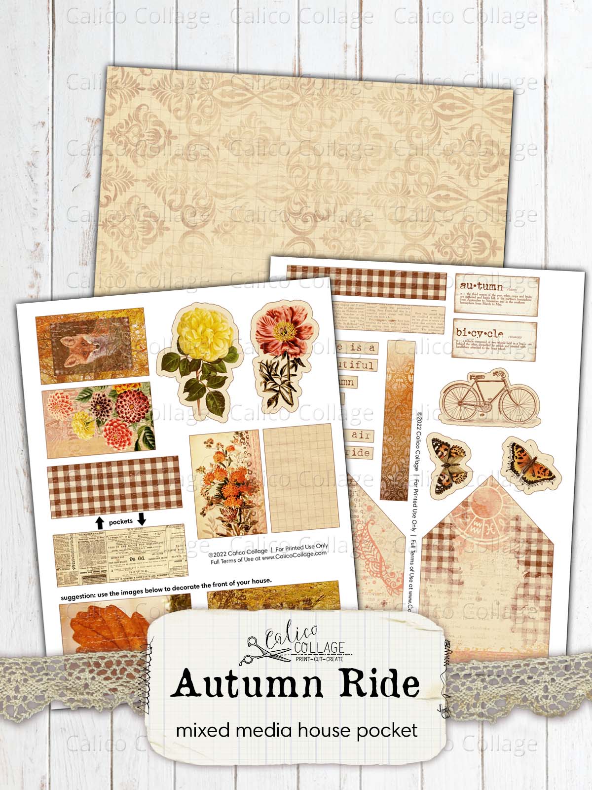 Autumn Junk Journal Pockets, Mixed Media House Collage Sheet