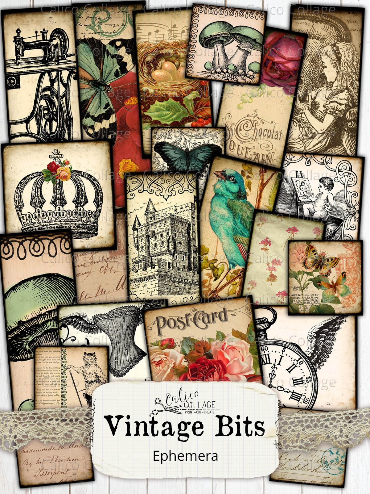 Vintage Bits Digital Collage Sheets, Small Ephemera Pack