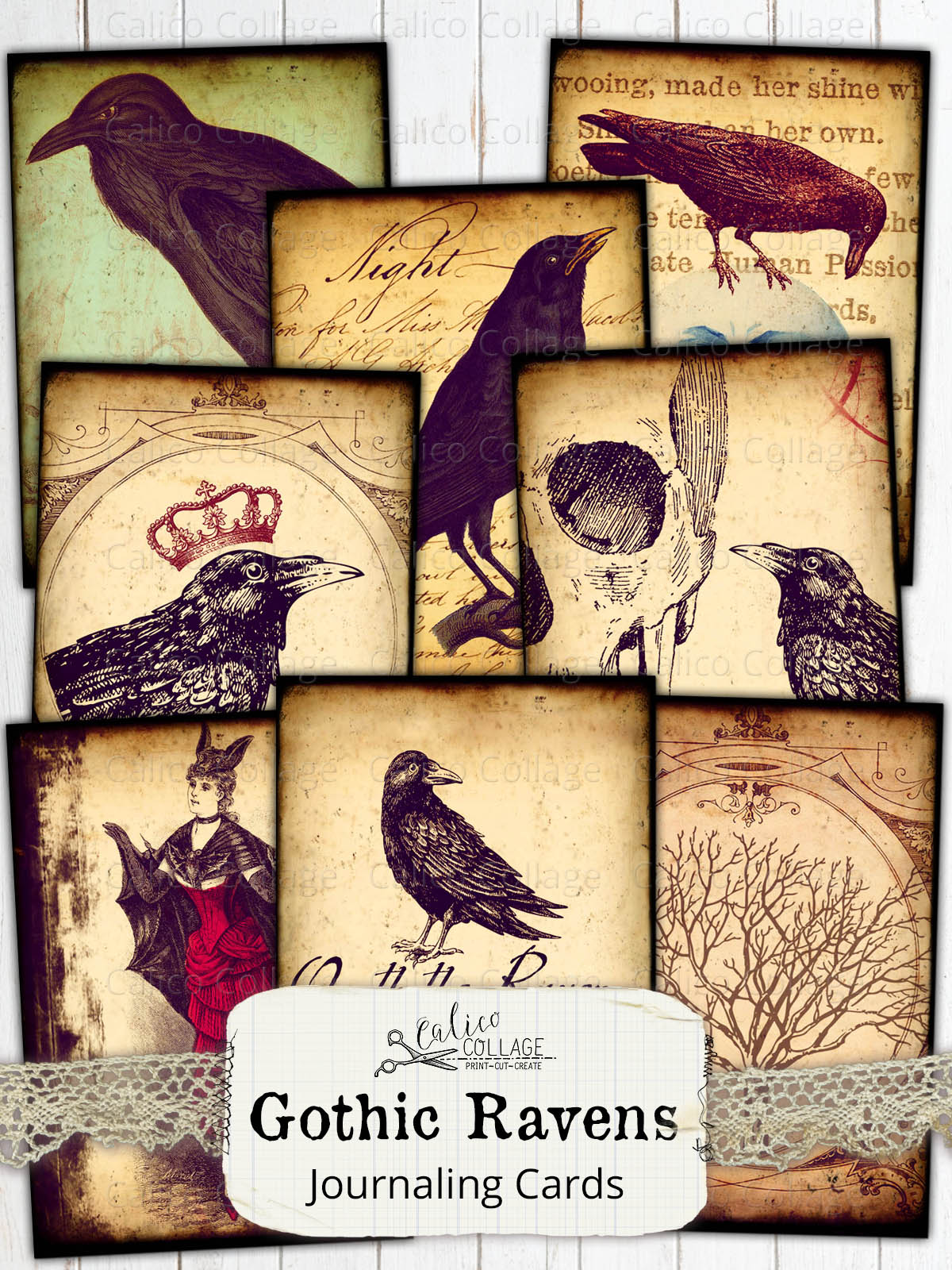 Gothic Raven Junk Journal Ephemera Cards, Junk Journal Supplies
