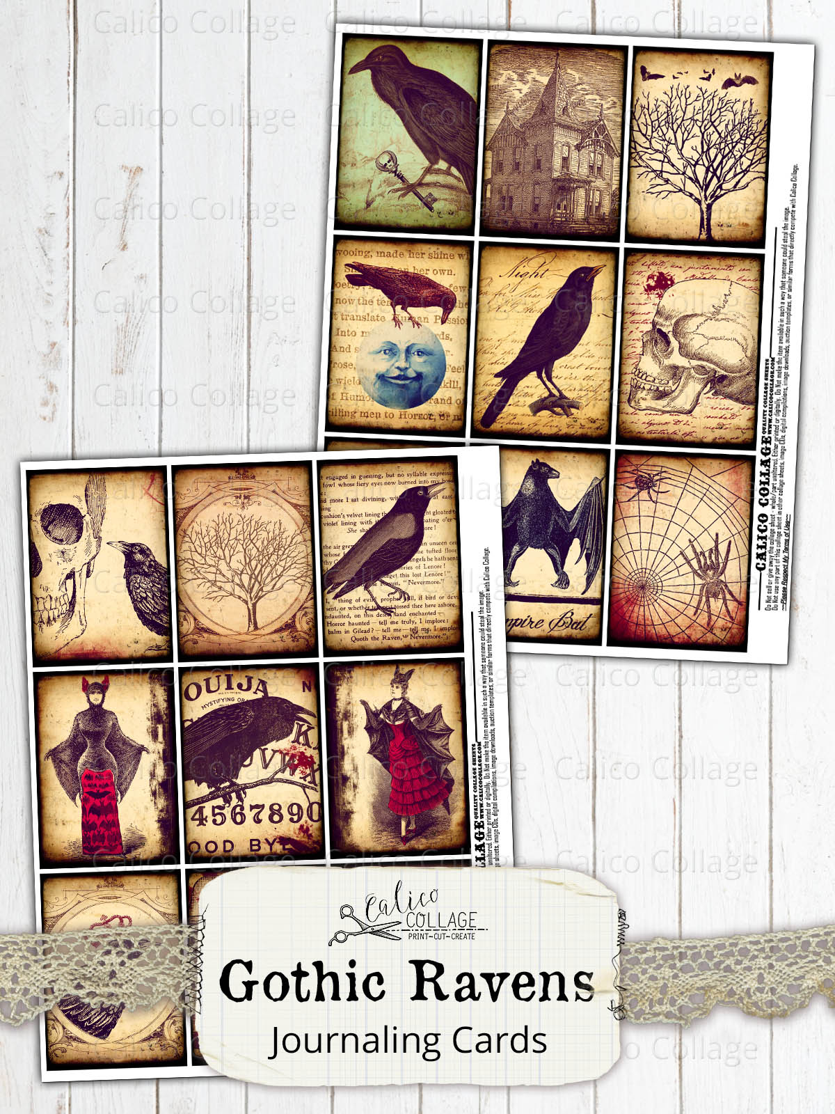 Gothic Raven Junk Journal Ephemera Cards, Junk Journal Supplies