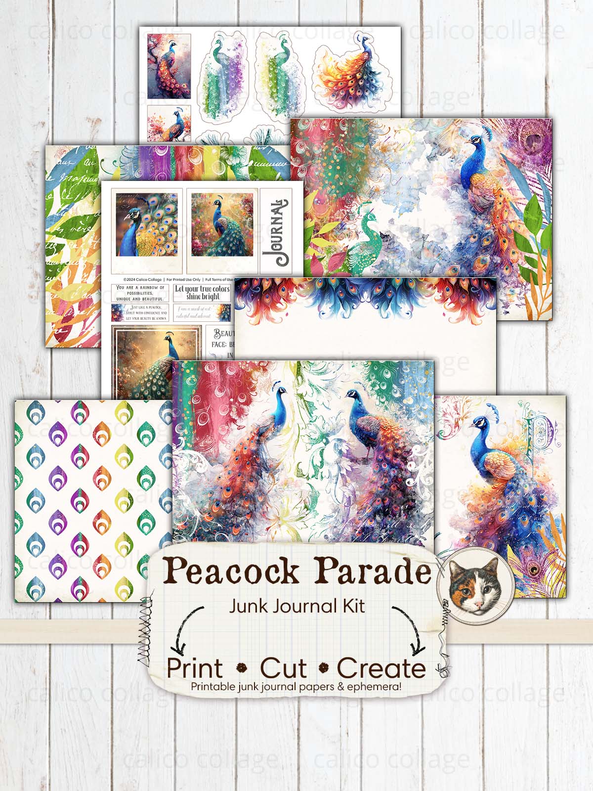 Peacock Junk Journal Printable, Rainbow Peacock Kit