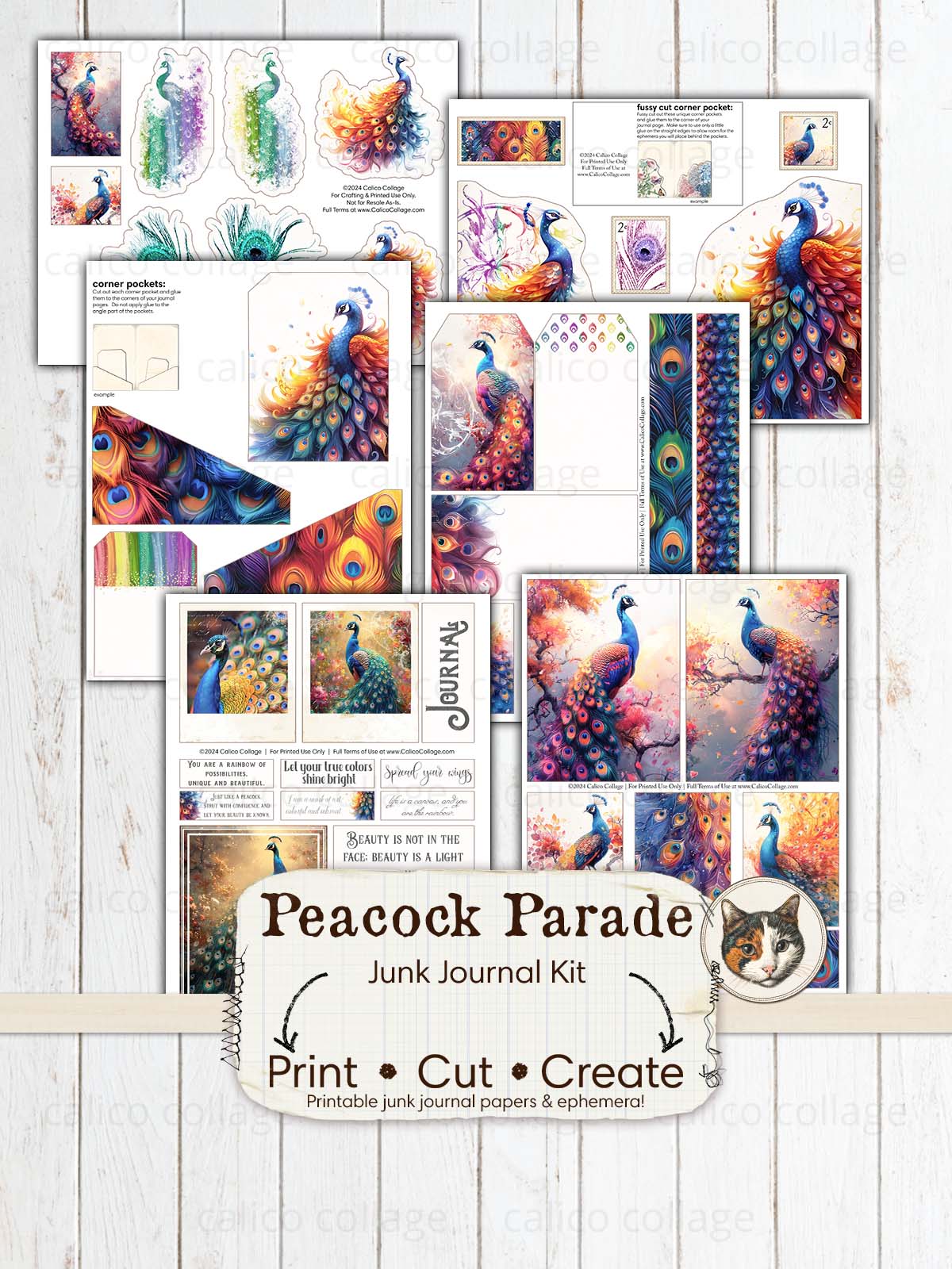 Peacock Junk Journal Printable, Rainbow Peacock Kit