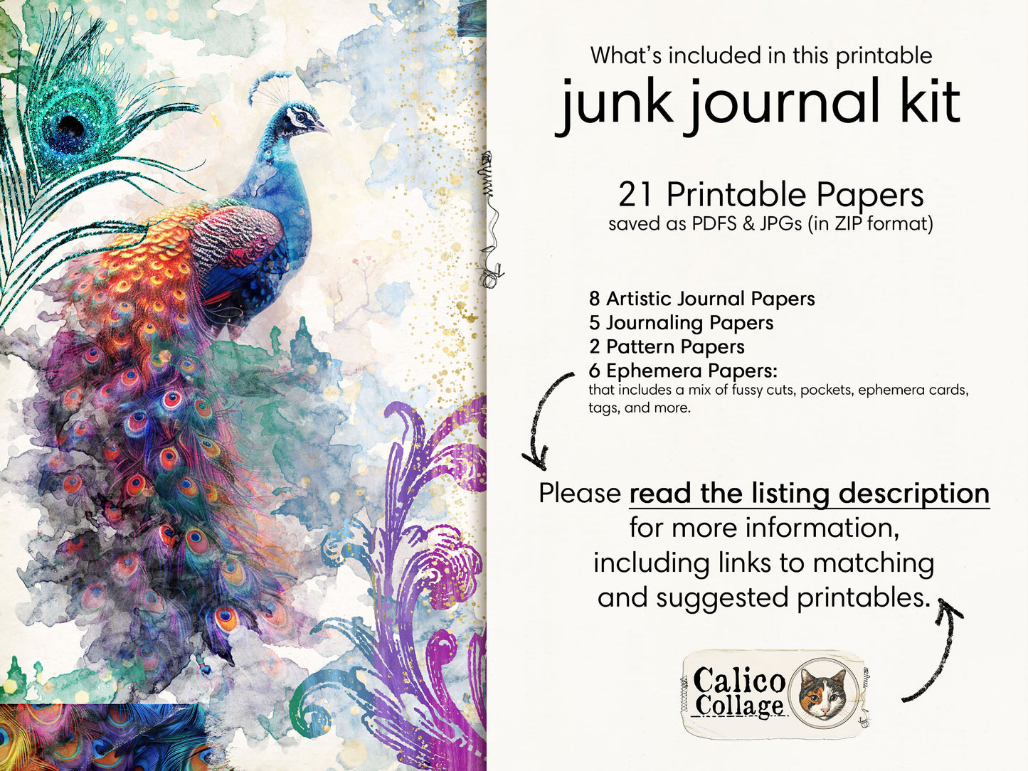 Peacock Junk Journal Printable, Rainbow Peacock Kit