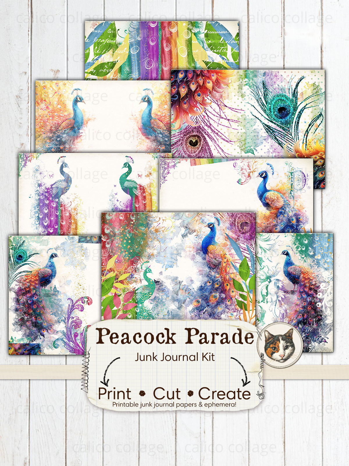 Peacock Junk Journal Printable, Rainbow Peacock Kit