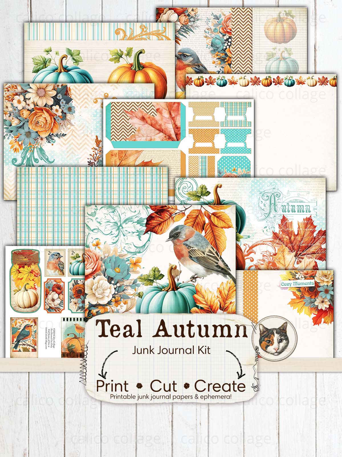 Teal Autumn Junk Journal Kit, Fall Junk Journal