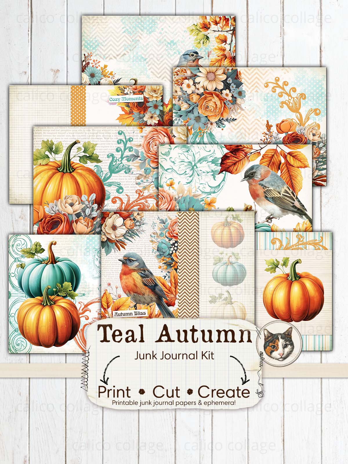 Teal Autumn Junk Journal Kit, Fall Junk Journal