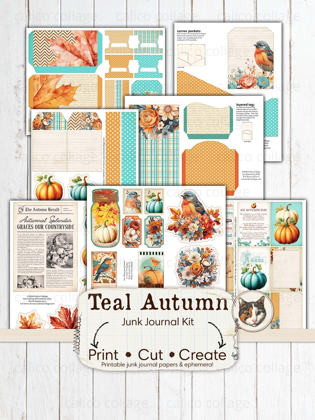 Teal Autumn Junk Journal Kit, Fall Junk Journal