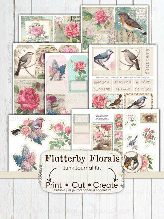 Flutterby Florals Junk Journal Kit, Bird Ephemera