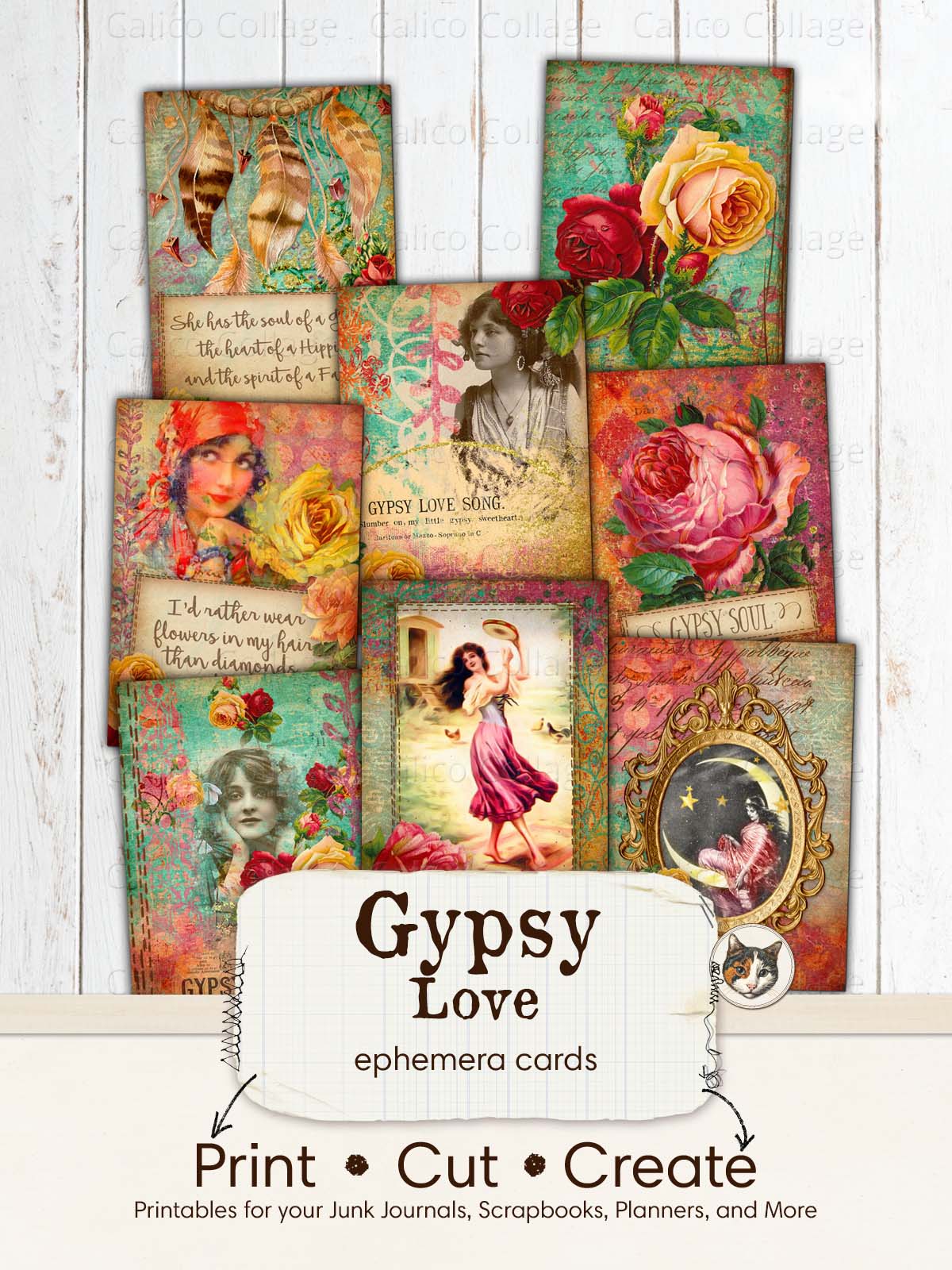 Bohemian Junk Journal Printable, Gypsy Love Ephemera Cards
