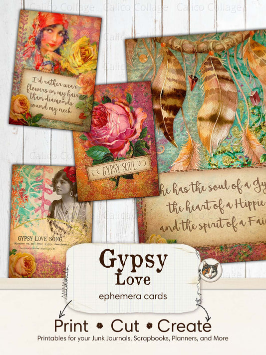 Bohemian Junk Journal Printable, Gypsy Love Ephemera Cards