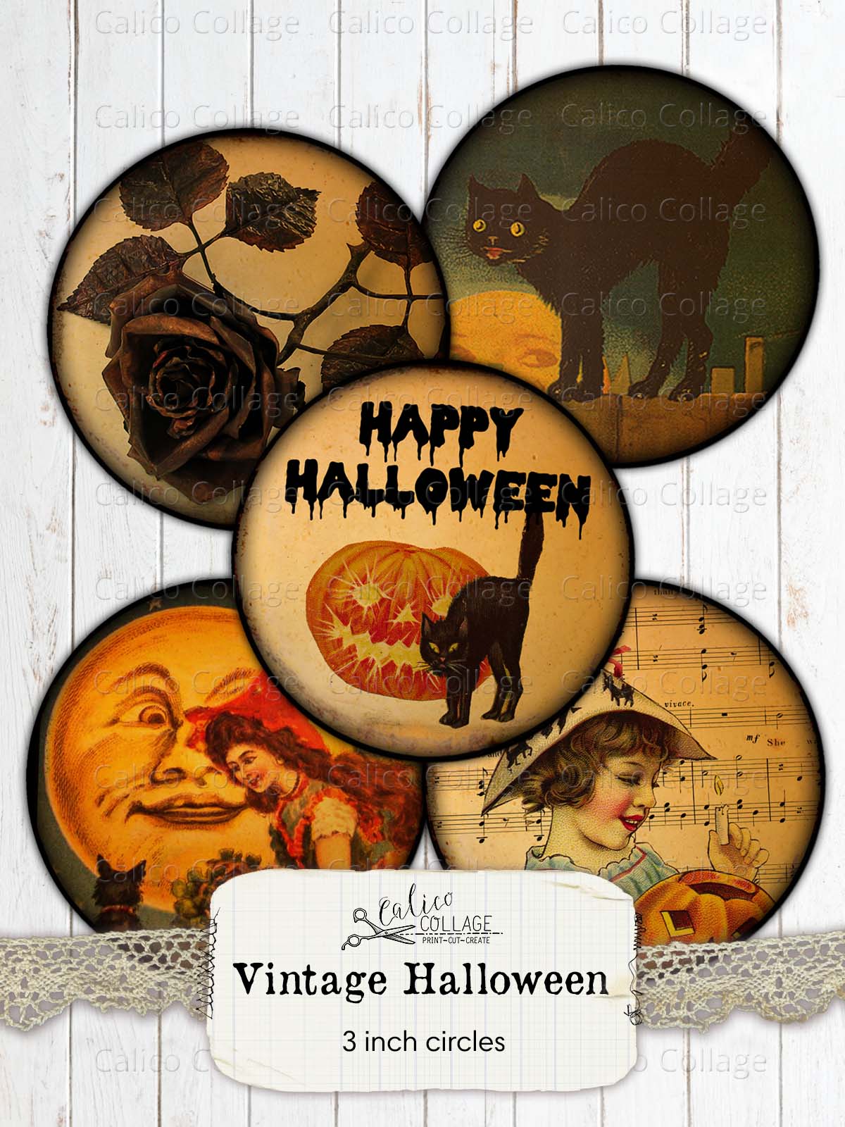 Vintage Halloween Ephemera 3 Inch Circles Collage Sheet