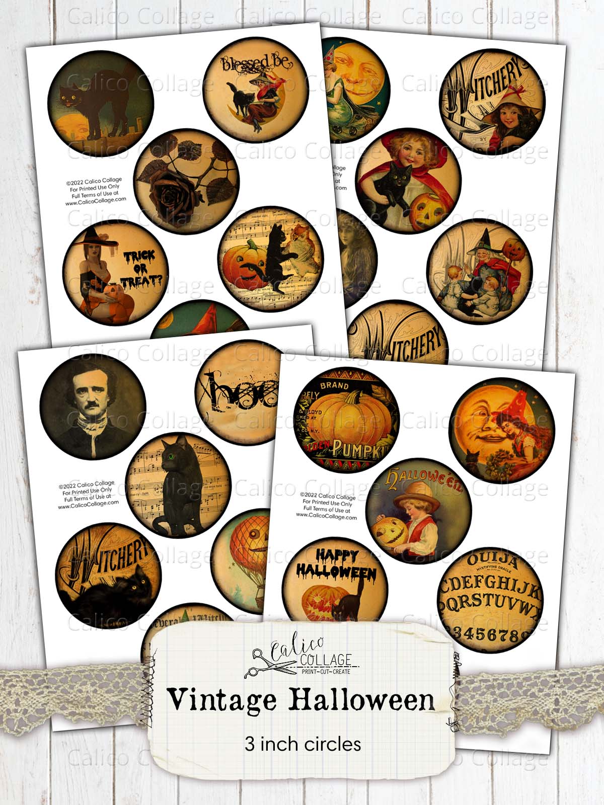 Vintage Halloween Ephemera 3 Inch Circles Collage Sheet