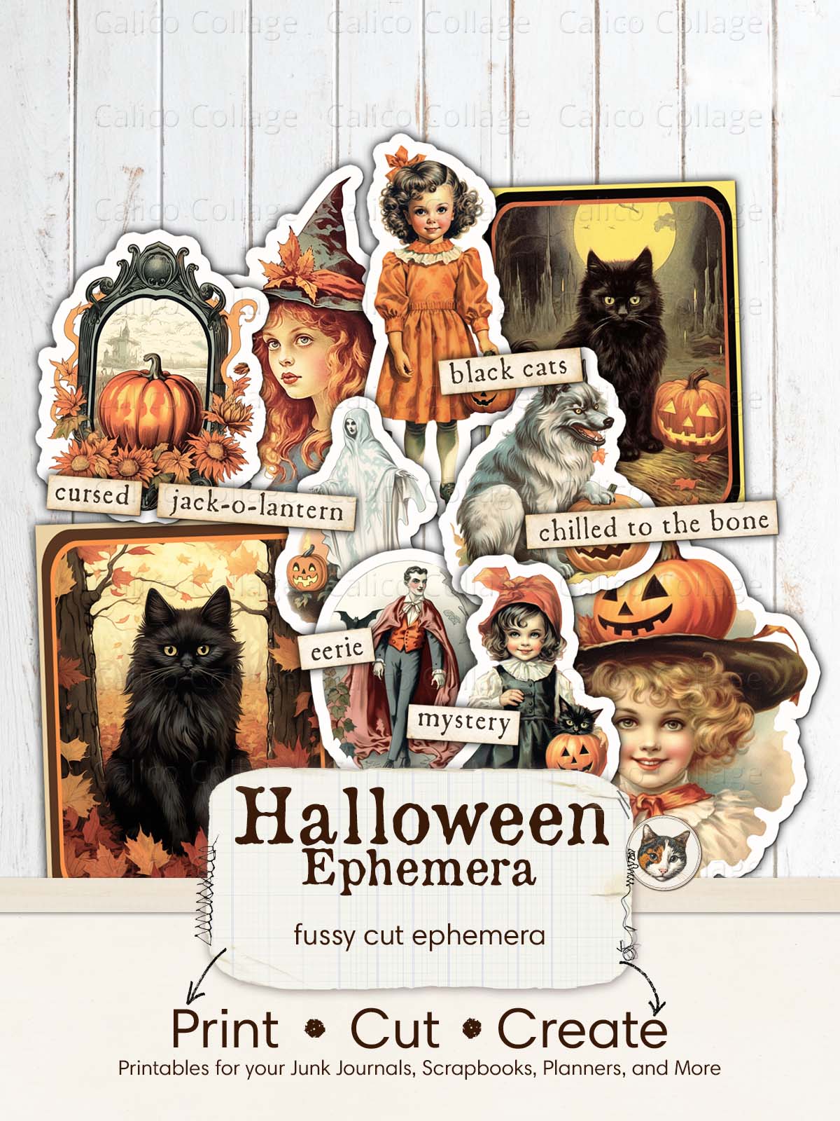 Halloween Ephemera Junk Journal Printable, Halloween Fussy Cut Ephemera