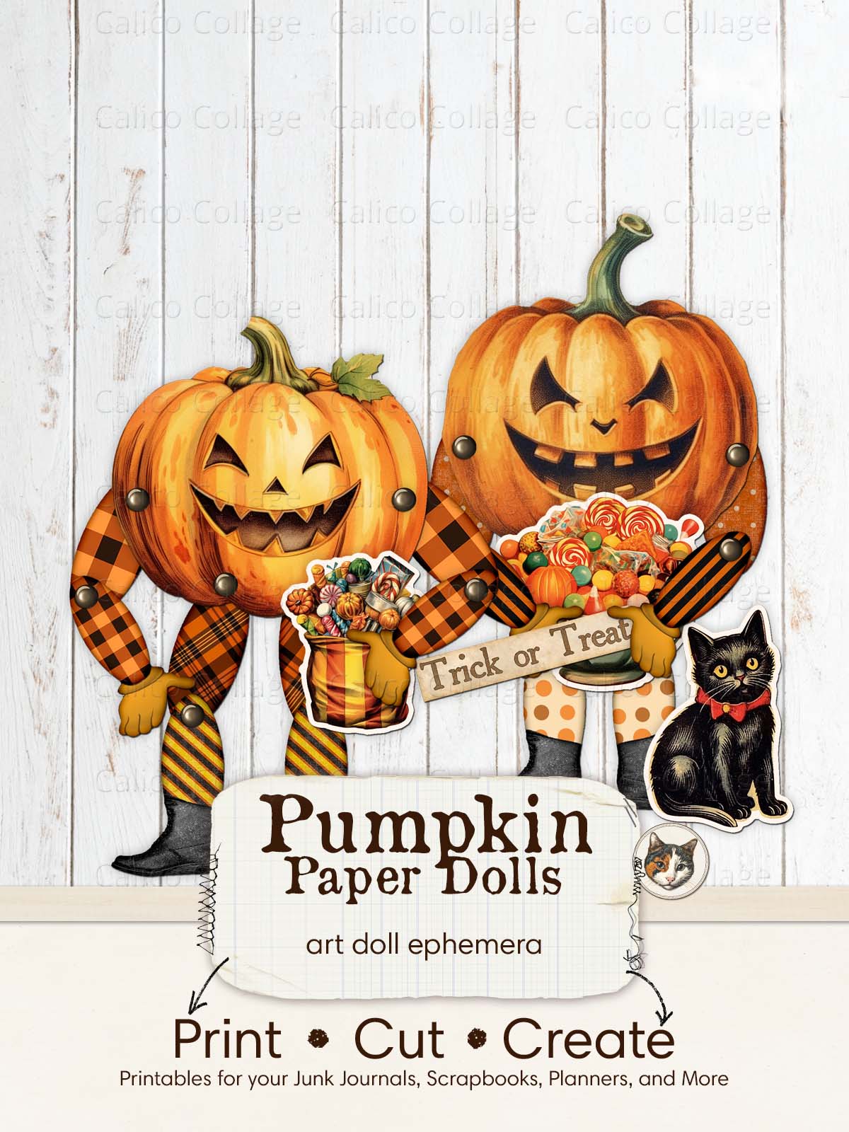 Pumpkin Paper Dolls Halloween Ephemera, Mixed Media Art Dolls