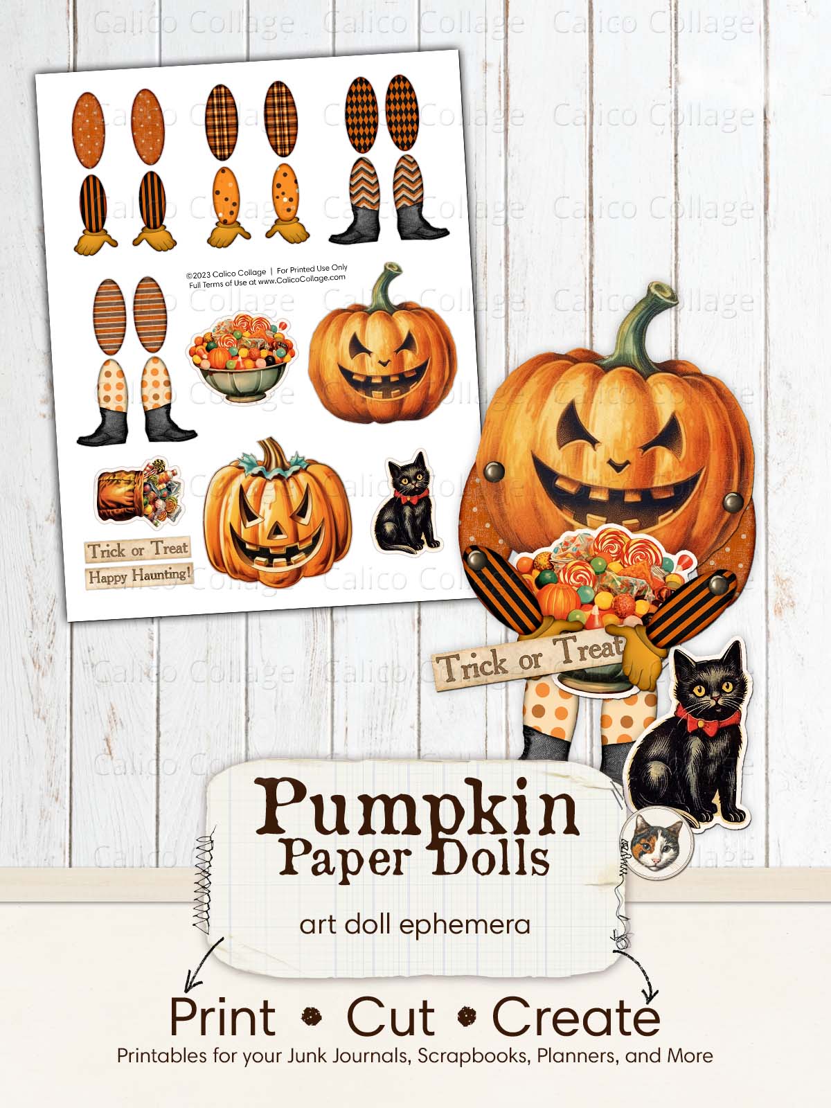 Pumpkin Paper Dolls Halloween Ephemera, Mixed Media Art Dolls