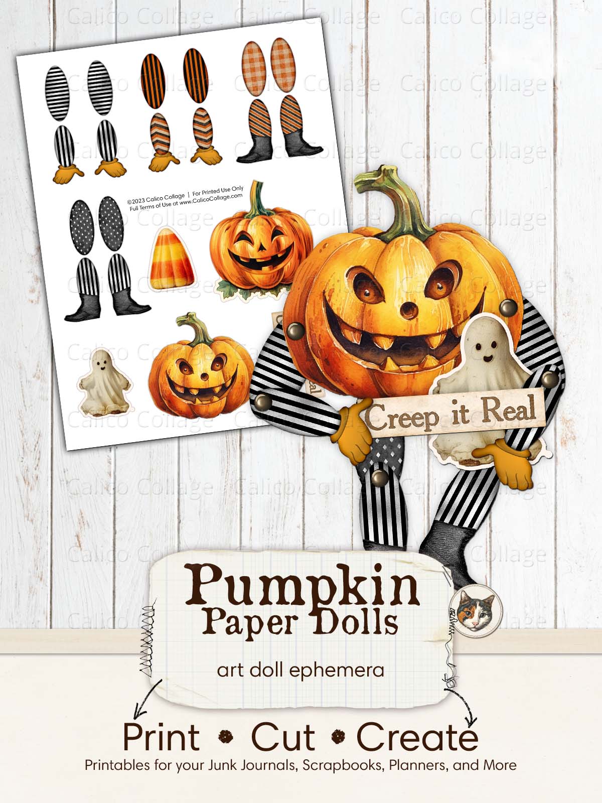 Pumpkin Paper Dolls Halloween Ephemera, Mixed Media Art Dolls