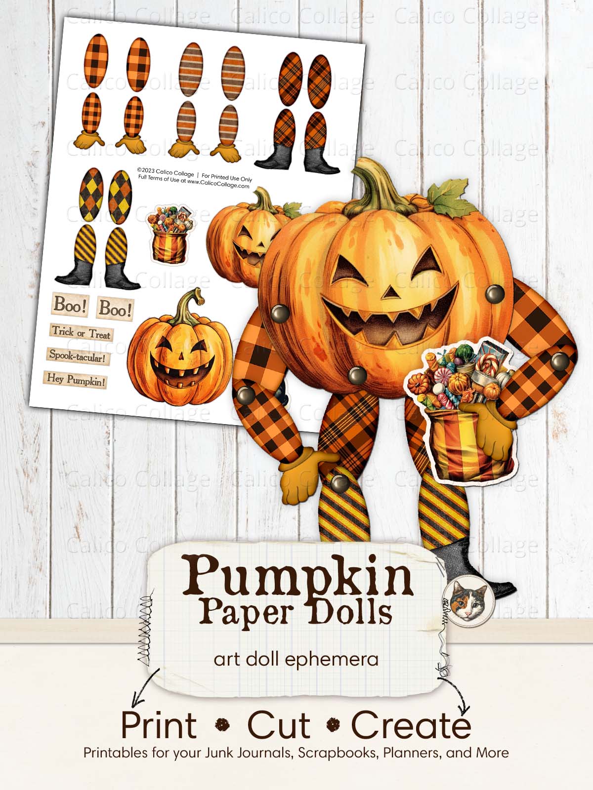 Pumpkin Paper Dolls Halloween Ephemera, Mixed Media Art Dolls