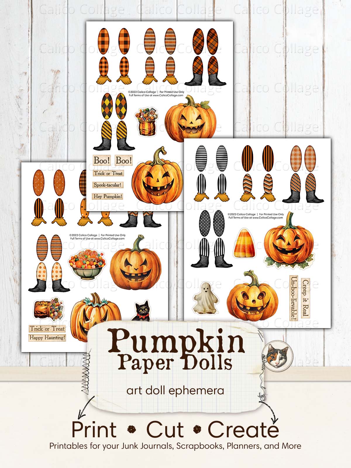 Pumpkin Paper Dolls Halloween Ephemera, Mixed Media Art Dolls