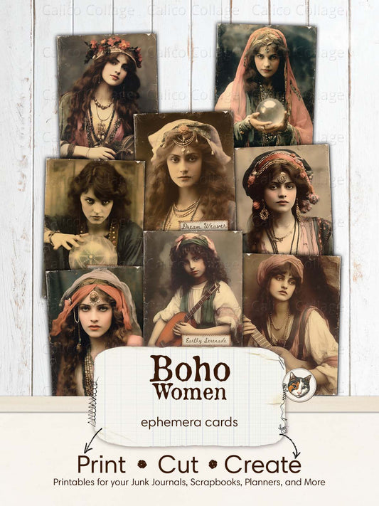 Bohemian Junk Journal Printable, Boho Women Ephemera Cards