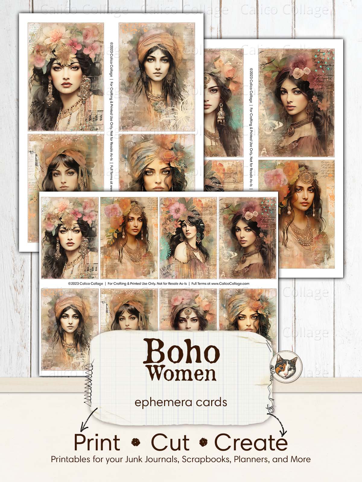 Boho Ephemera Junk Journal Printable, Gypsy Women Ephemera Cards