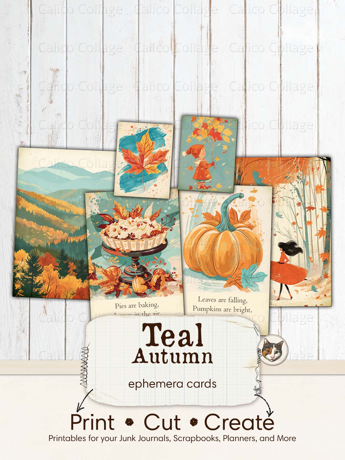 Teal Autumn Ephemera Cards, Fall Junk Journal Ephemera