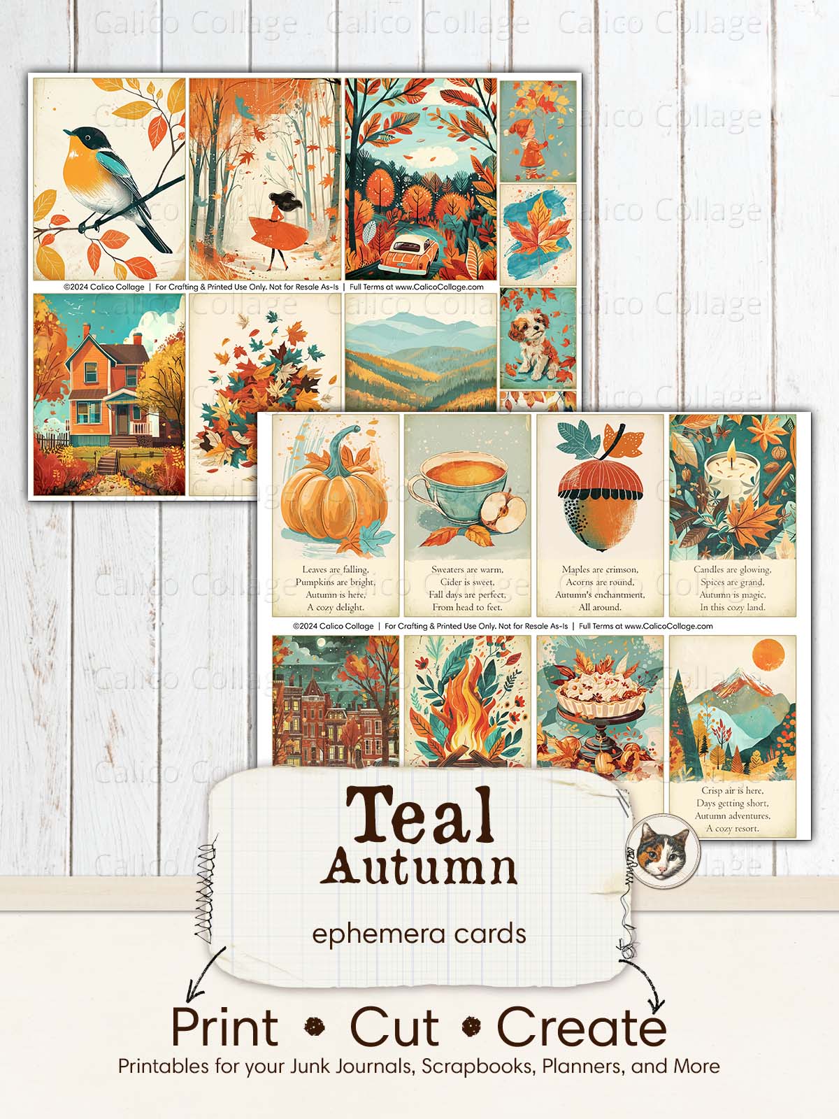 Teal Autumn Ephemera Cards, Fall Junk Journal Ephemera