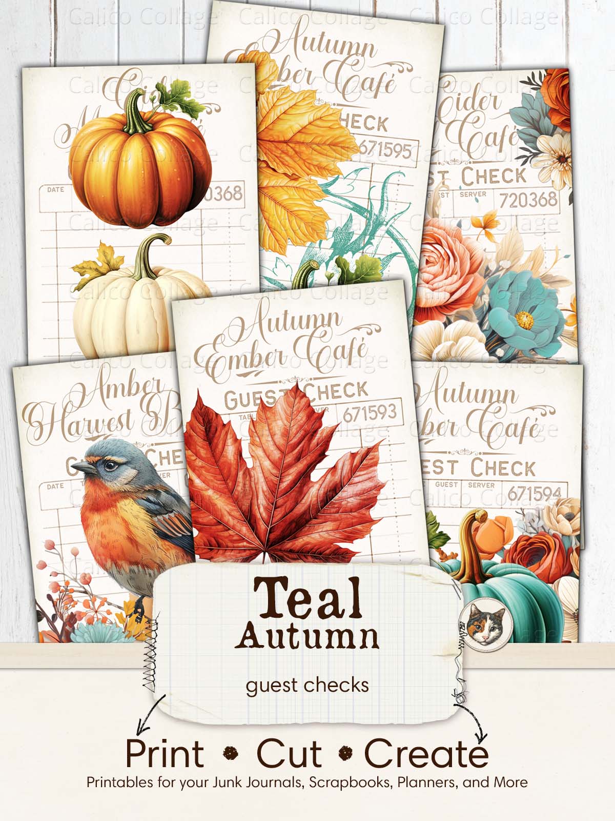 Teal Autumn Guest Checks, Fall Junk Journal Ephemera