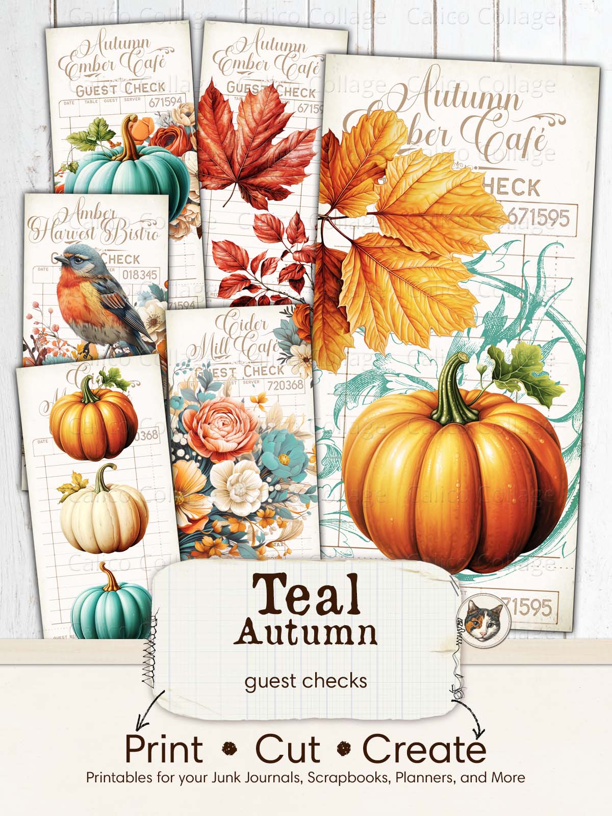 Teal Autumn Guest Checks, Fall Junk Journal Ephemera