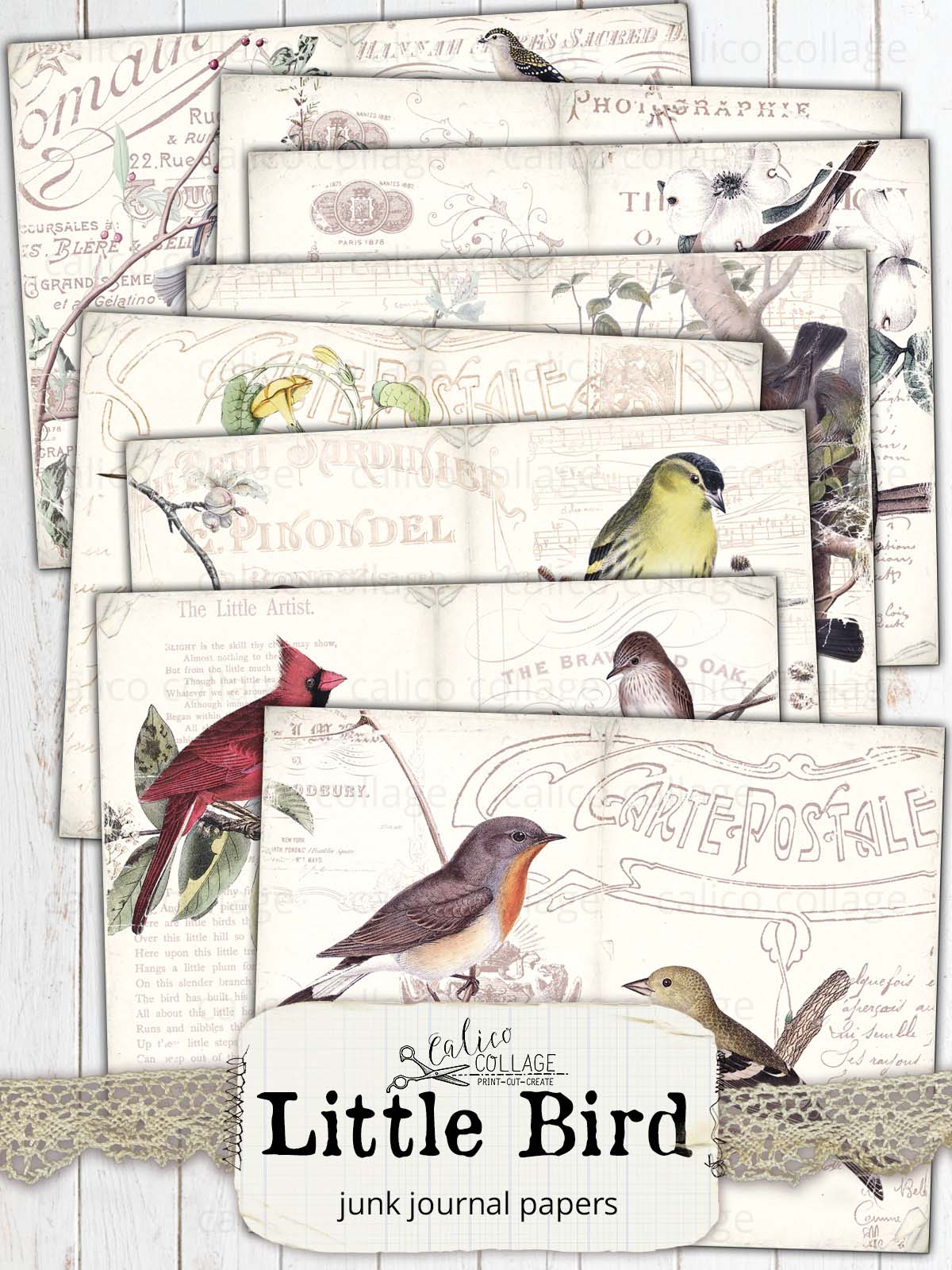 Bird Junk Journal Papers, Little Bird Ephemera
