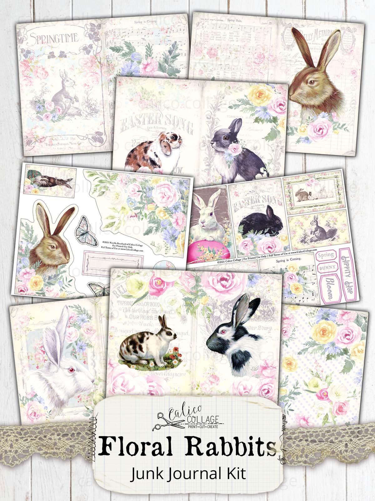 Easter Junk Journal Kit, Floral Rabbits