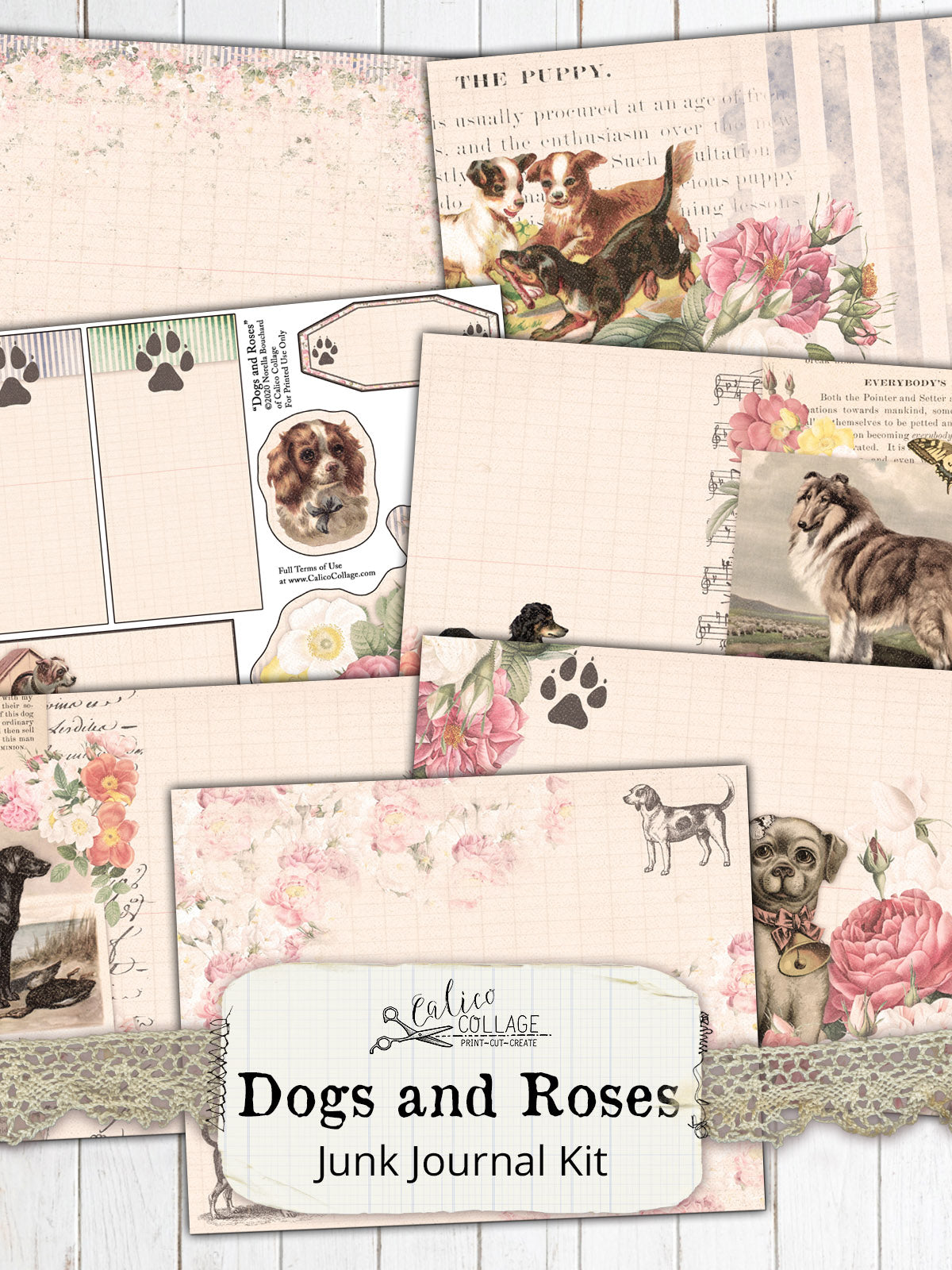 Dogs And Roses Printable Junk Journal Kit