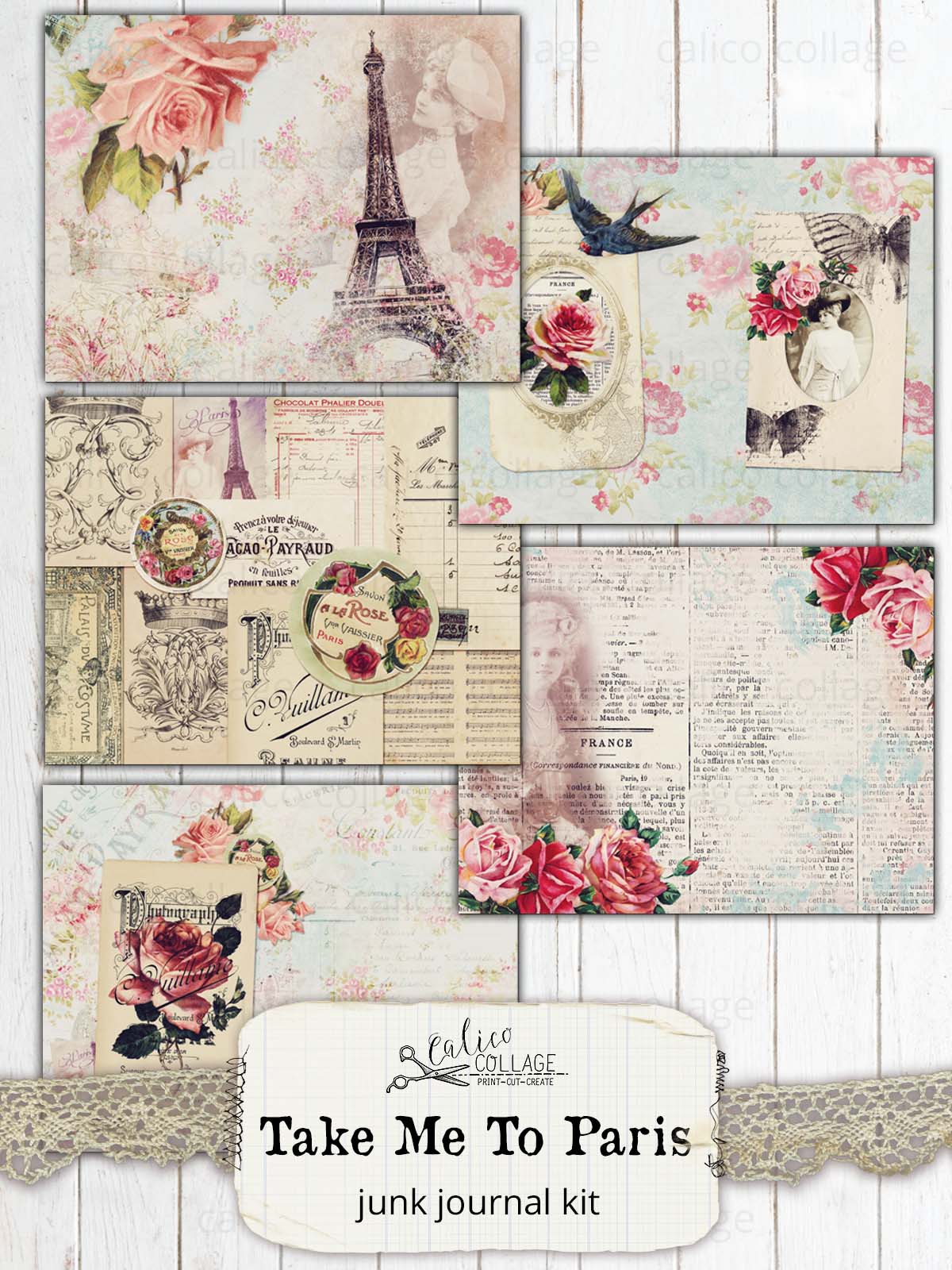 Take Me To Paris Junk Journal Kit, French Ephemera