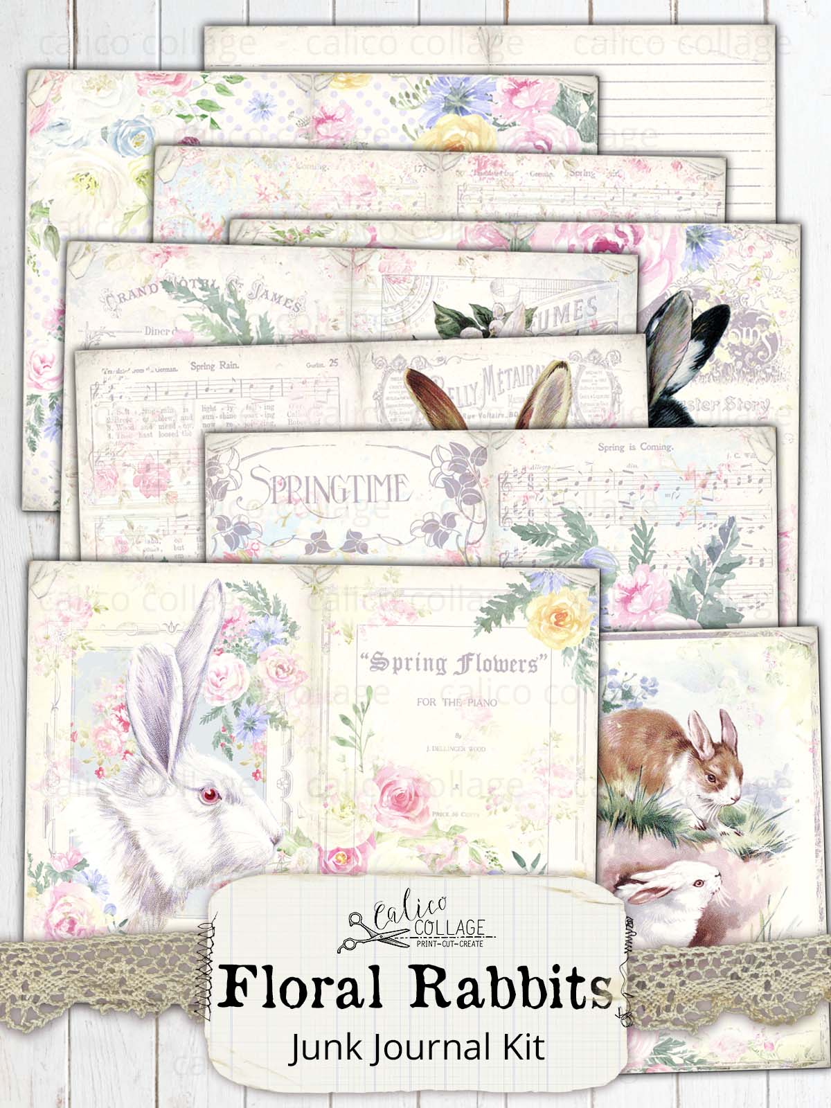 Easter Junk Journal Kit, Floral Rabbits