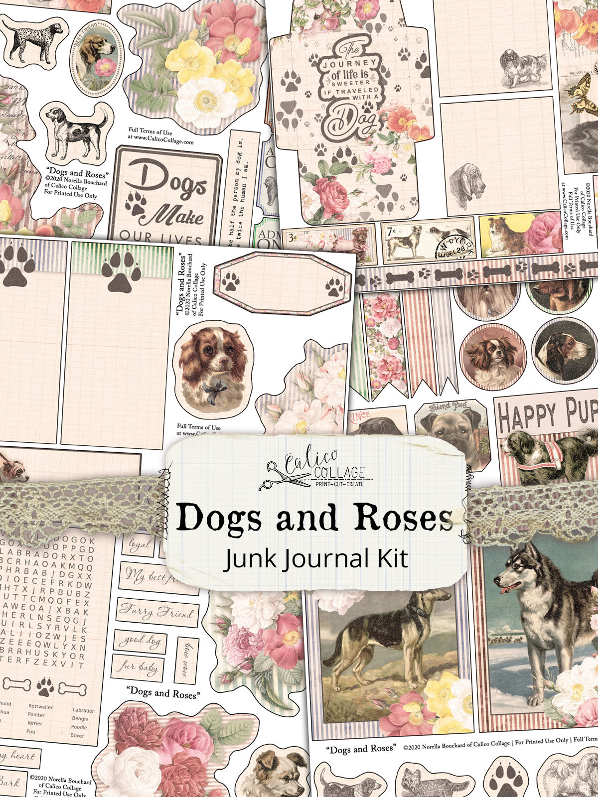 Dogs And Roses Printable Junk Journal Kit