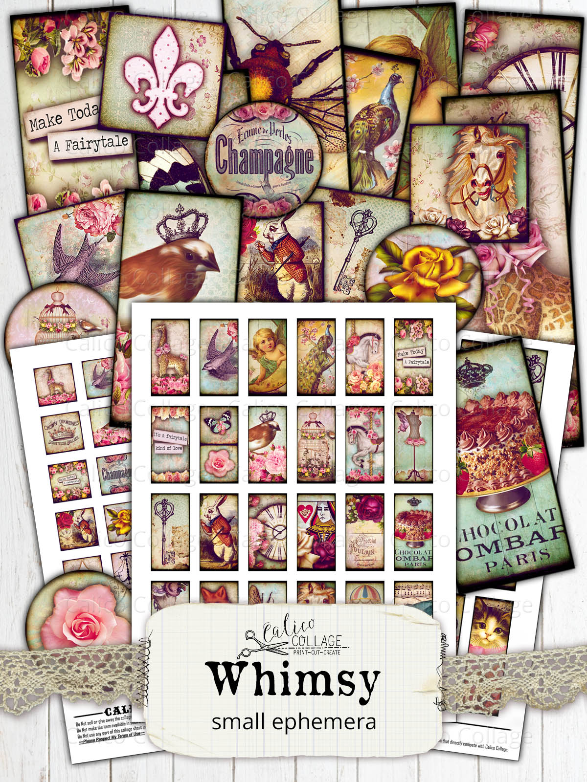 Whimsy Digital Collage Sheets, Small Ephemera Pack