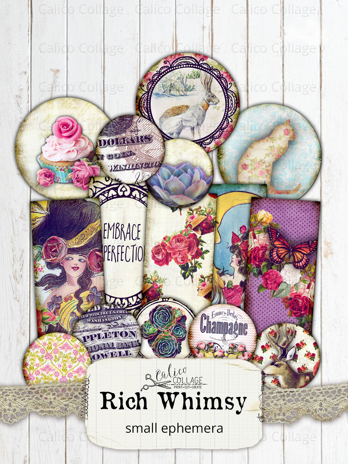 Rich Whimsy Digital Collage Sheets, Small Ephemera Pack