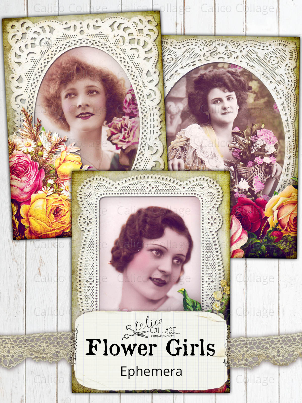 Printable Junk Journal Ephemera, Flower Girls, Flowers and Lace