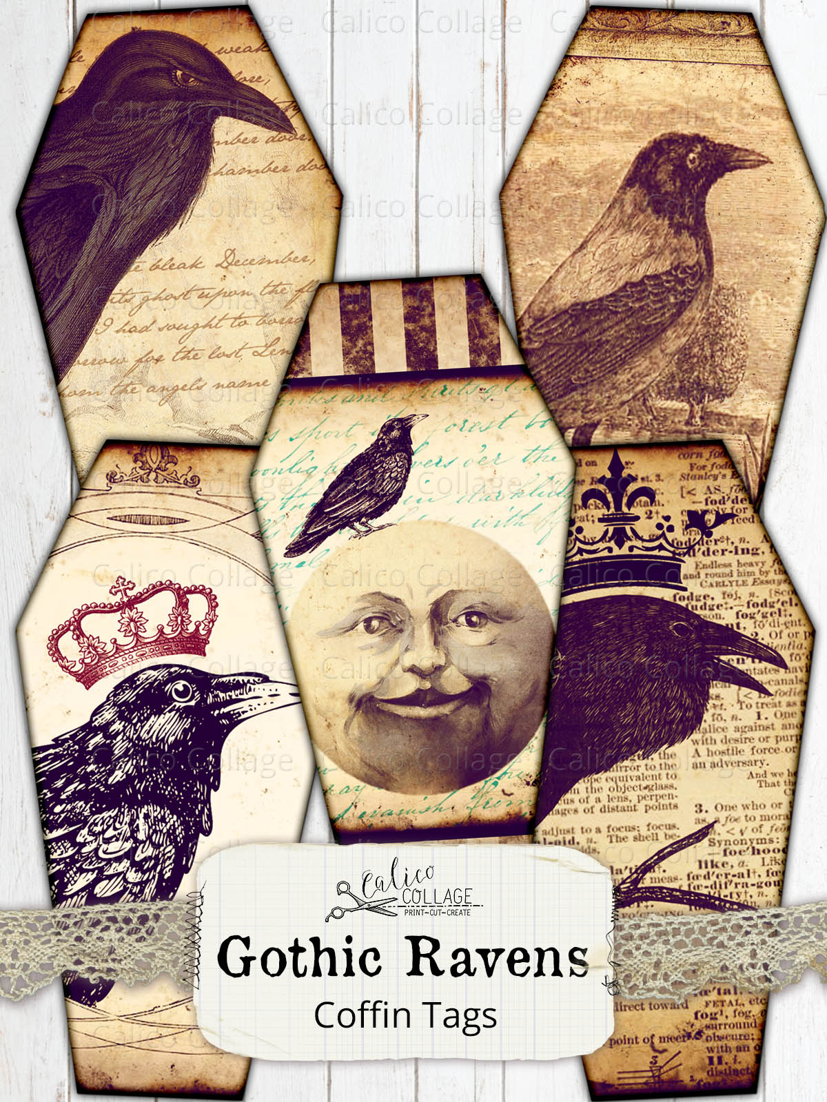 Printable Gothic Raven Coffin Tags, Junk Journal Supplies