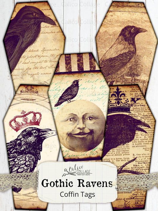 Printable Gothic Raven Coffin Tags, Junk Journal Supplies