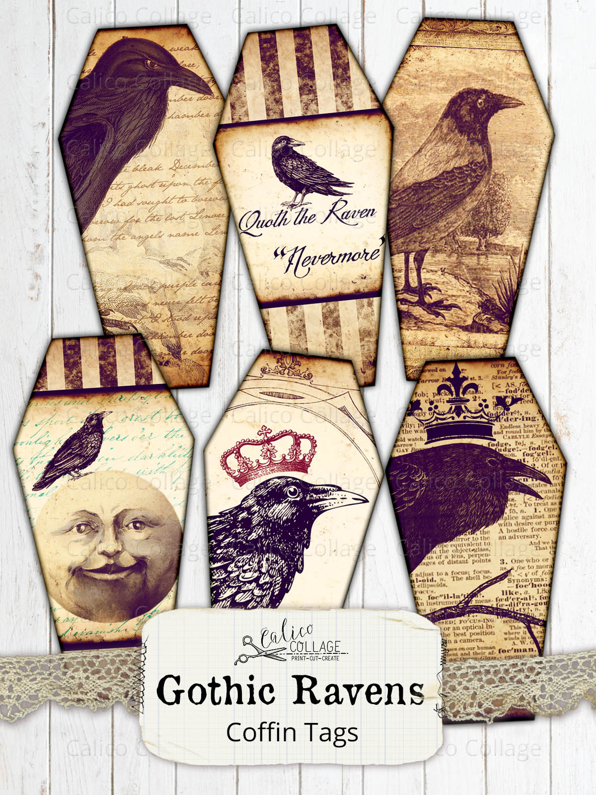 Printable Gothic Raven Coffin Tags, Junk Journal Supplies