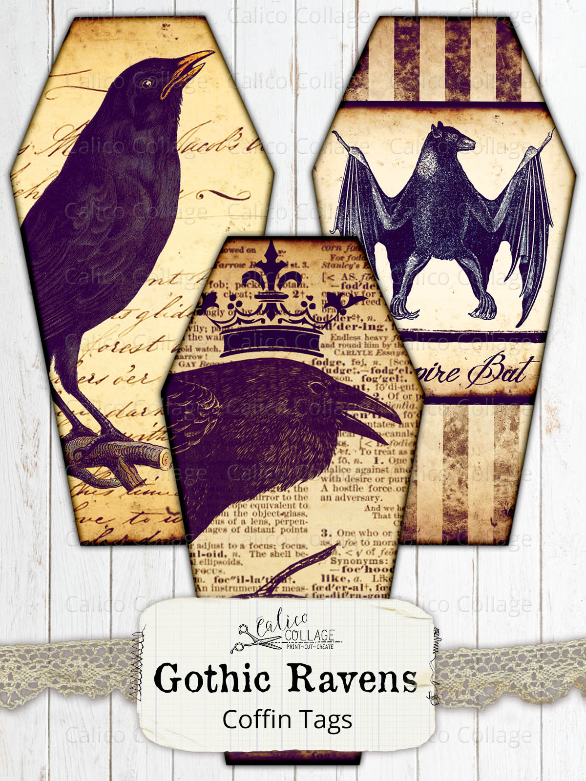 Printable Gothic Raven Coffin Tags, Junk Journal Supplies