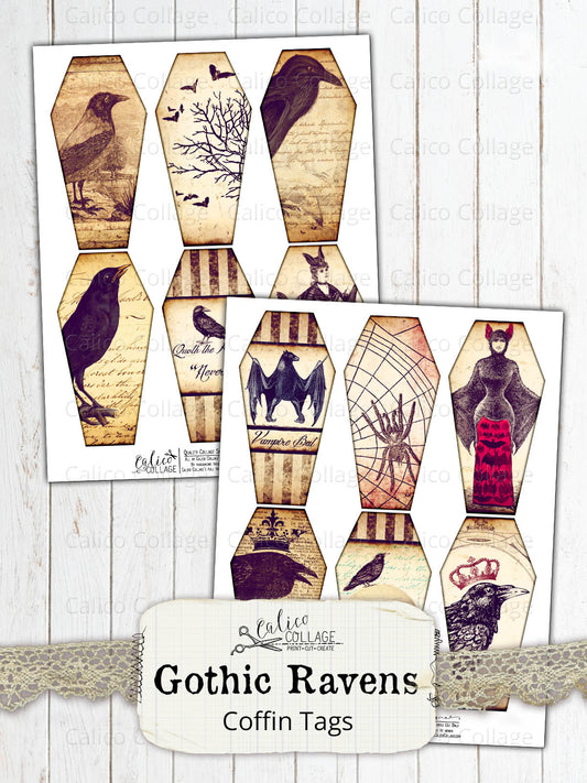 Printable Gothic Raven Coffin Tags, Junk Journal Supplies